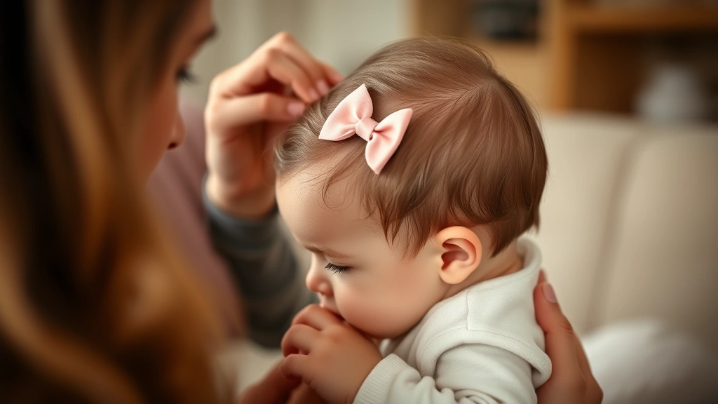 Mother adjusting a delicate bow clip on her baby daughter's hair, intimate moment, warm indoor lighting, focused on hands and baby's head
