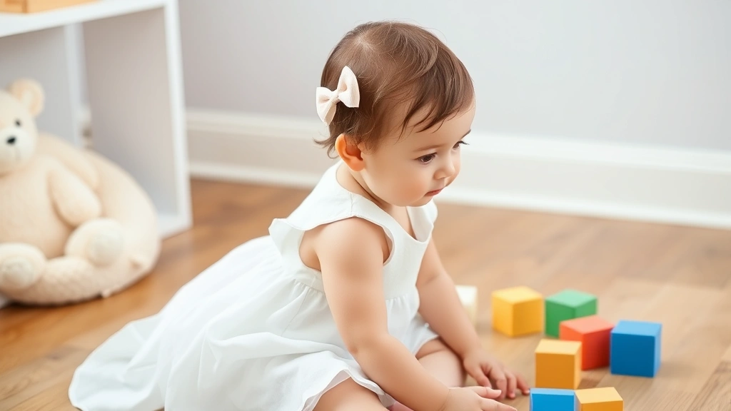 Toddler girl in white dress with delicate bow clip, sitting on wooden floor near toy blocks, candid natural moment