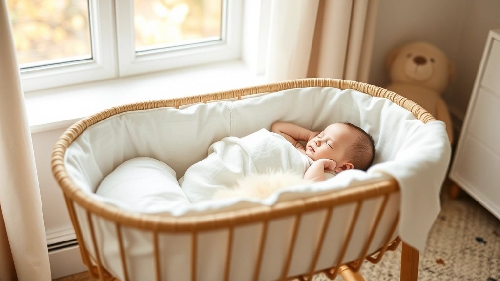A newborn peacefully sleeping in a cozy bassinet with soft organic cotton bedding, warm natural lighting from a window, minimalist nursery setting