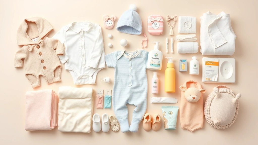 An organized collection of baby essentials including tiny clothing, blankets, booties, and care products artfully arranged on a neutral background