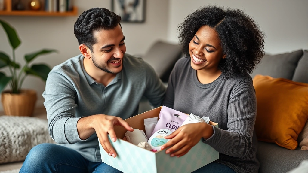 A parent opening a beautifully packaged baby box filled with curated items, showing genuine joy and relief on their face in a home setting
