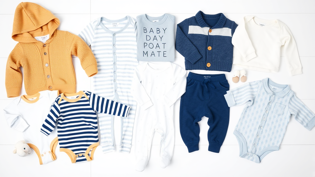 Collection of baby boy clothes laid out neatly including onesies pants sweaters no text no words no letters