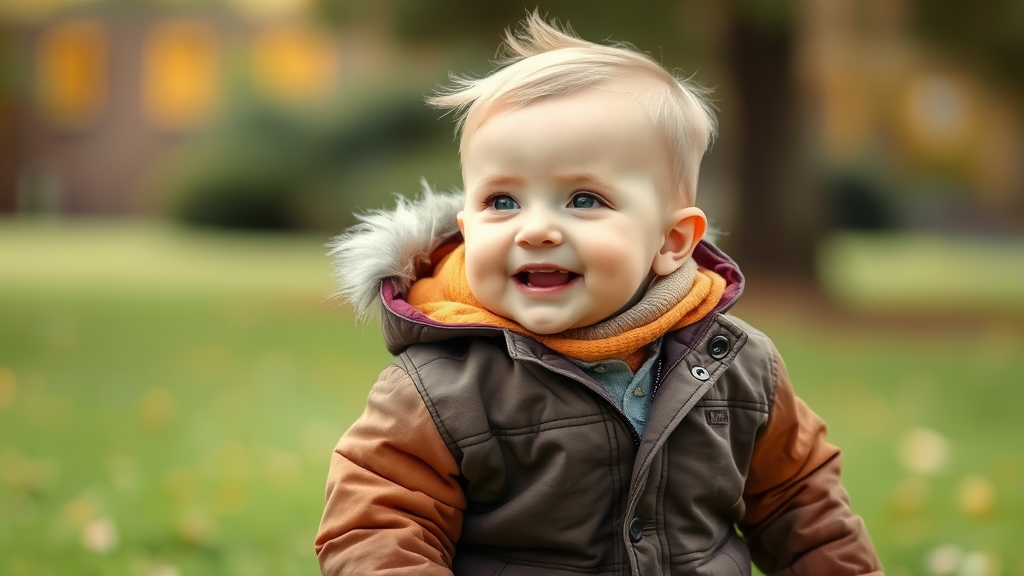 Baby boy wearing seasonal layered outfit playing outdoors comfortable and happy no text no words no letters