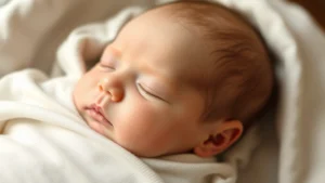 Newborn baby boy sleeping peacefully in soft cotton clothing, close-up of gentle fabric texture and natural lighting highlighting material quality
