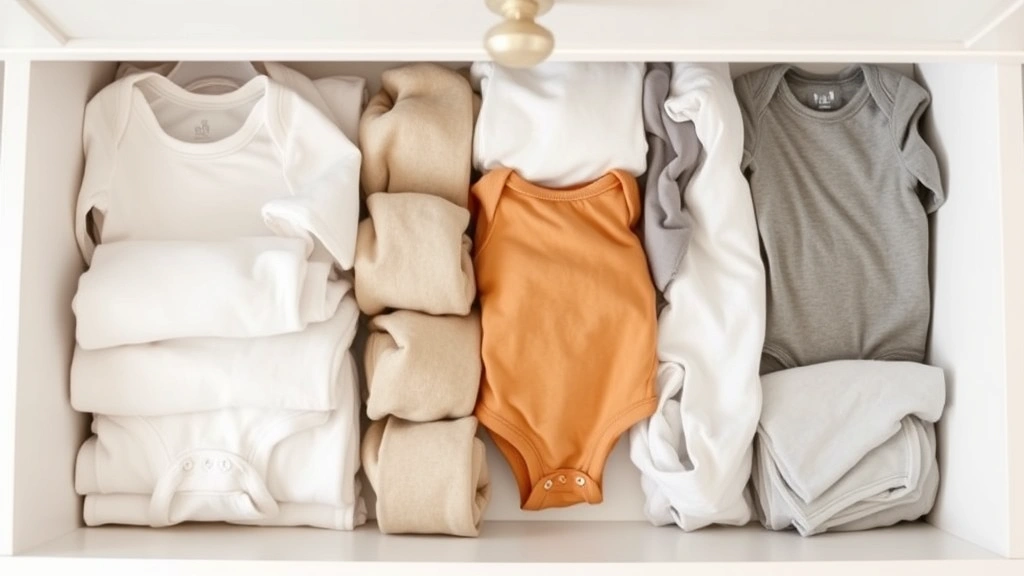 Organized baby clothing drawer with folded onesies, bodysuits, and sleep sacks in neutral colors, neatly arranged