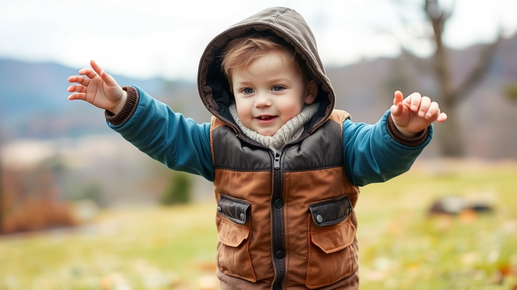 Active toddler boy playing outdoors wearing layered clothing with comfortable movement, natural landscape background showing seasonal versatility