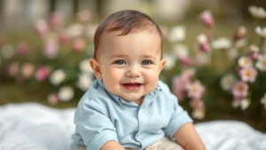 Close-up of a smiling six-month-old baby boy wearing a soft pastel blue button-down shirt and cream linen pants, sitting on a white blanket with spring flowers blurred in the background