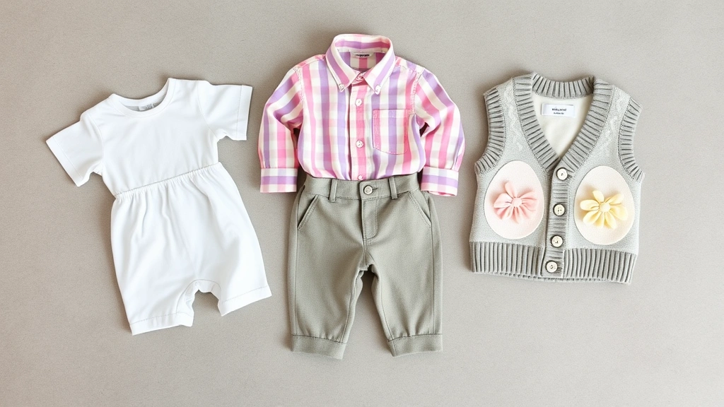 Overhead shot of neatly arranged baby boy Easter outfits on a neutral surface, showing a romper, traditional shirt-and-pants combo, and a sweater vest ensemble in soft pastels