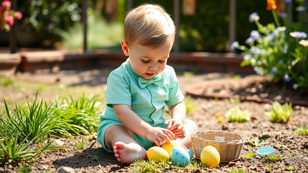 Candid moment of a toddler boy in a mint green romper with a small bow tie, playing with Easter eggs in a garden setting with natural sunlight creating soft shadows