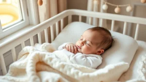 Newborn baby boy peacefully sleeping in soft crib with natural sunlight coming through window, surrounded by gentle nursery decor and cozy blankets