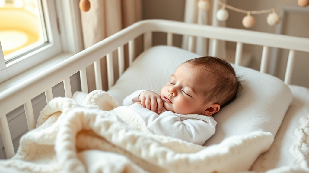Newborn baby boy peacefully sleeping in soft crib with natural sunlight coming through window, surrounded by gentle nursery decor and cozy blankets