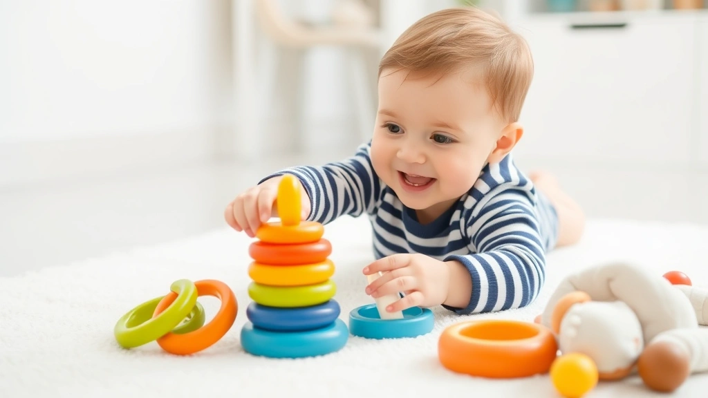 Smiling baby boy playing with colorful stacking rings and soft toys on a clean white play mat, reaching and exploring with curiosity