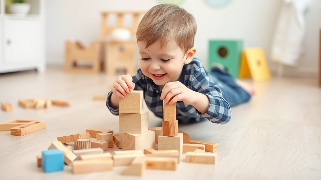 Toddler boy happily building with wooden blocks on a light wooden floor, focused expression showing concentration and joy during creative playtime