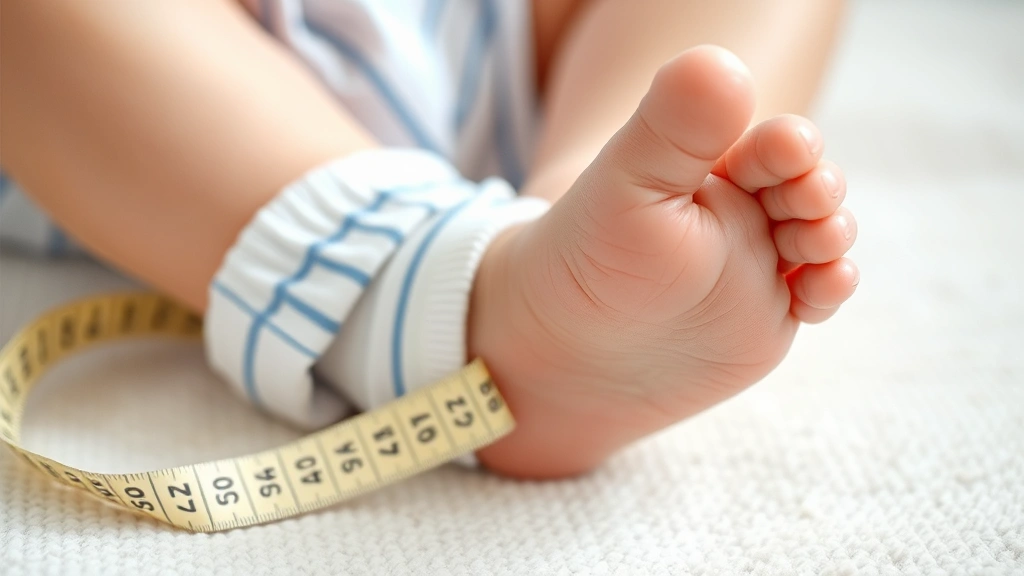Close-up of a baby boy's tiny foot being measured with a soft measuring tape, gentle professional measurement setting