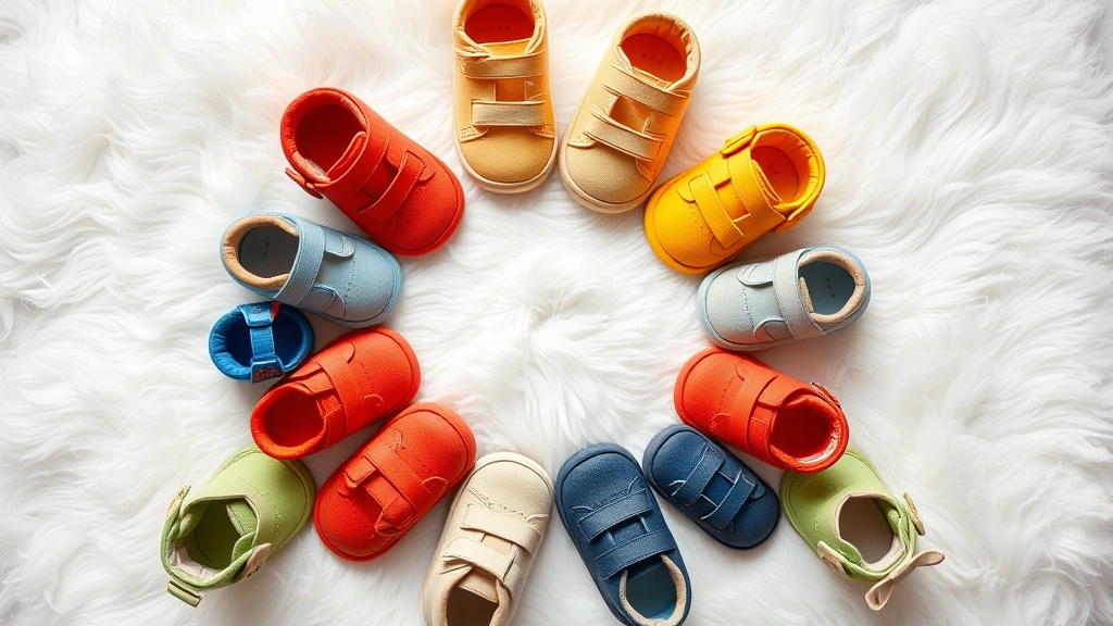Overhead view of various colorful baby boy shoes arranged in a circle on a soft white surface, different styles and sizes
