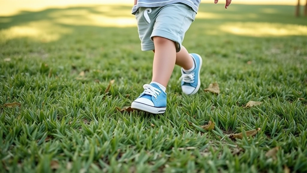 Toddler boy taking first confident steps outdoors on grass wearing comfortable sneakers, natural daylight, joyful movement