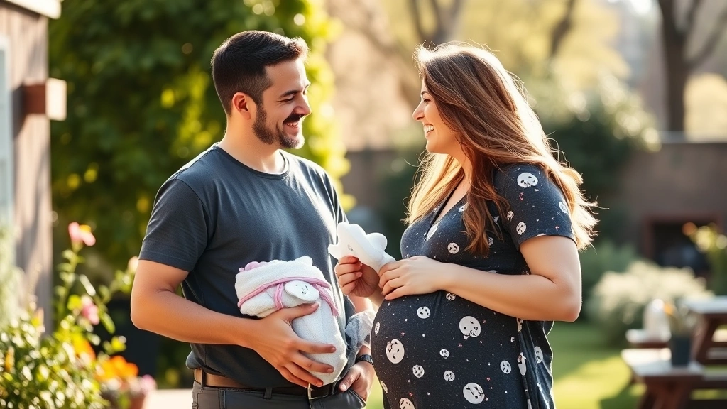 Expectant father and mother laughing together at an outdoor garden setting, holding baby items, natural daylight, warm and joyful atmosphere
