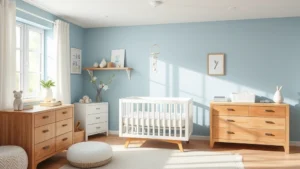 Modern nursery with soft blue walls, white crib, wooden furniture, and delicate mobile hanging above the crib, natural daylight from window