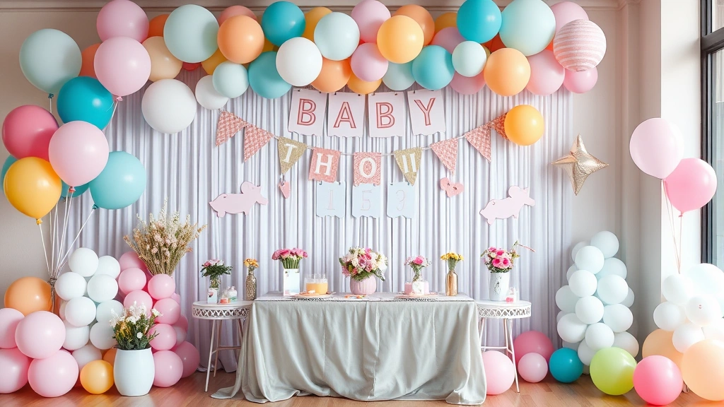 Colorful array of baby shower decorations including balloons, banners, and table settings with gender-neutral modern aesthetic, bright and celebratory
