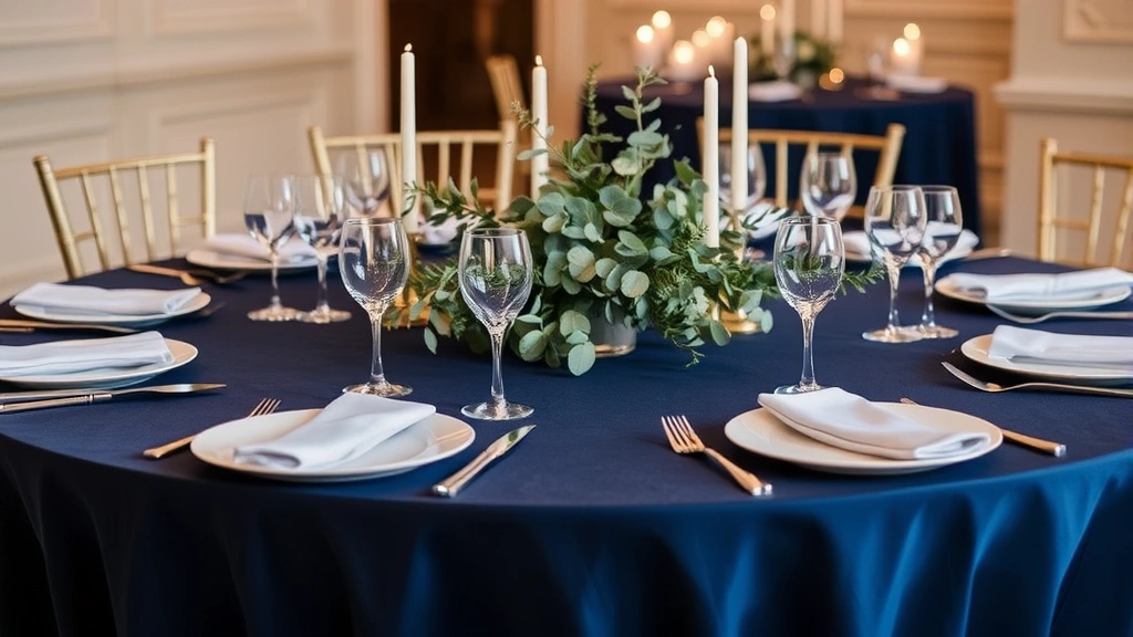 Elegant table setting with navy blue tablecloth, white plates, fresh eucalyptus centerpiece, and soft lighting from candles, ready for celebration