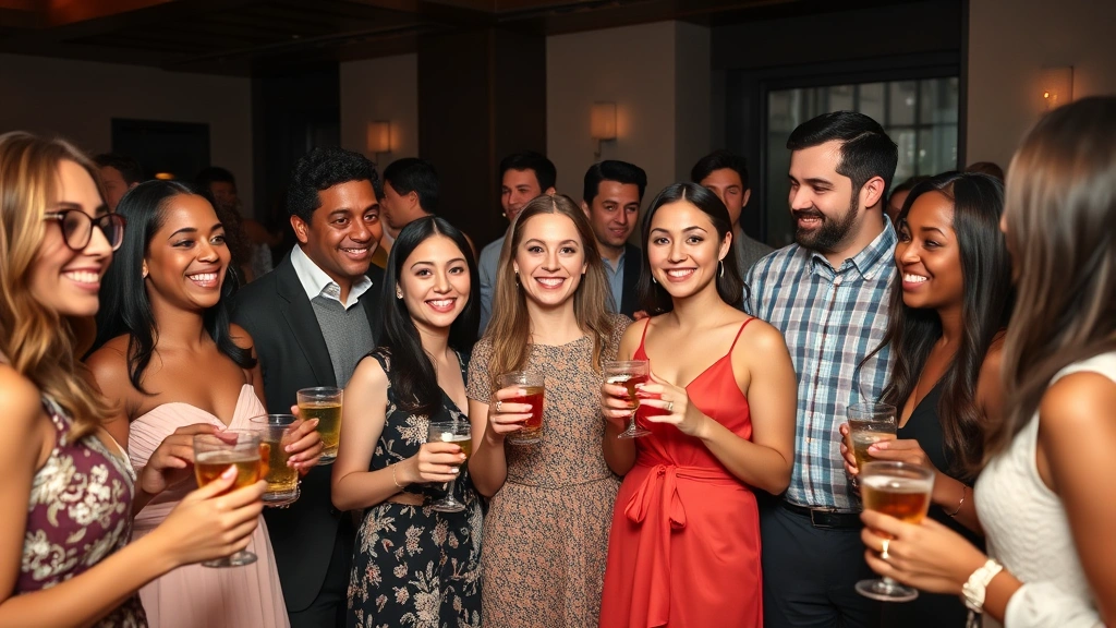 Group of diverse guests mingling at a baby shower celebration, holding drinks and appetizers, casual elegant atmosphere, genuine smiles and connection