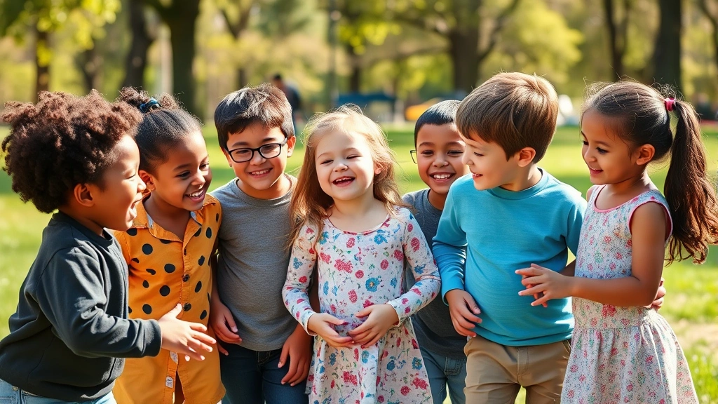 Group of diverse young children playing together outdoors in park, showing different personalities and interactions, sunny day