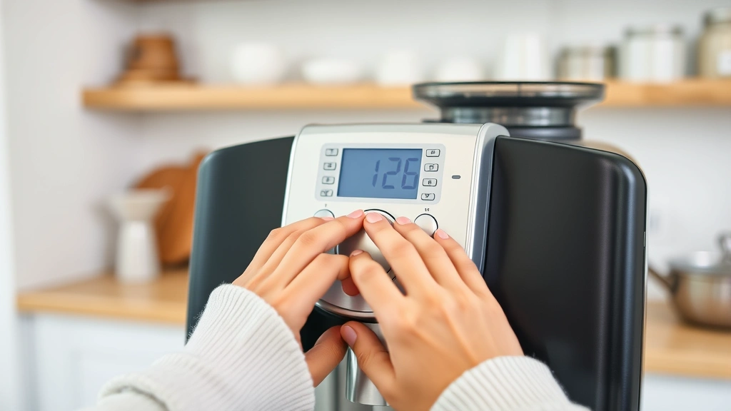 Parent's hands adjusting control panel on Baby Brezza formula machine, showing button settings and digital display clearly visible in modern kitchen