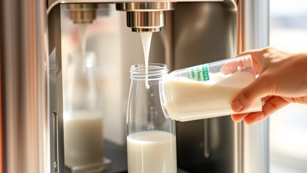 Baby Brezza dispensing formula into clear bottle with hot water and powder streams visible, stainless steel machine in bright daylight