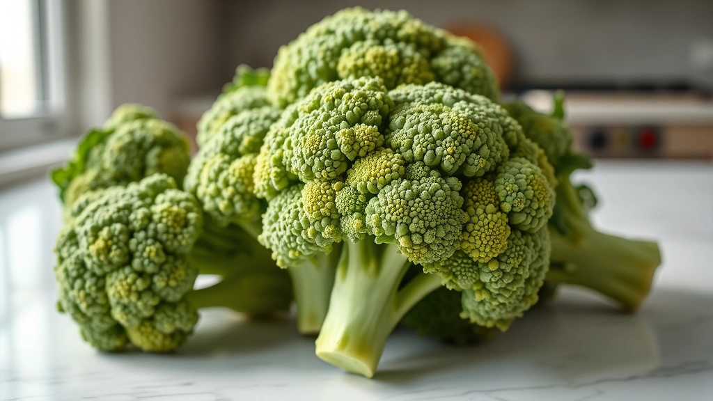 Fresh baby broccoli bunches displayed on white marble countertop with soft natural morning light, vibrant green florets in focus, tender stems visible