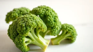 Close-up of fresh vibrant green baby broccoli florets on white wooden surface with soft natural morning light