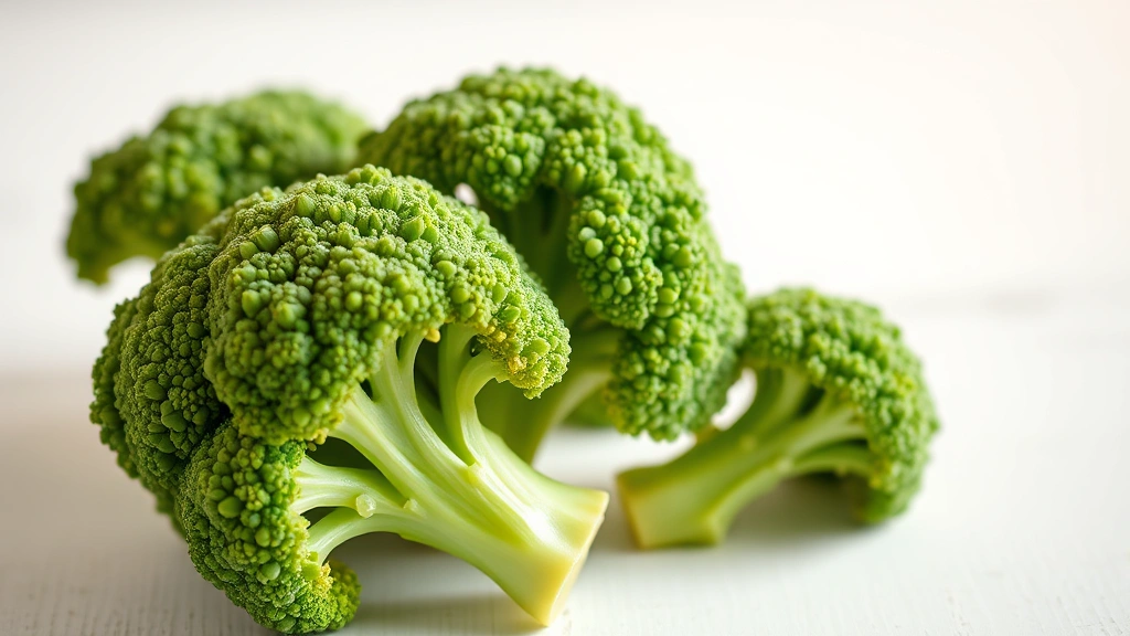 Close-up of fresh vibrant green baby broccoli florets on white wooden surface with soft natural morning light