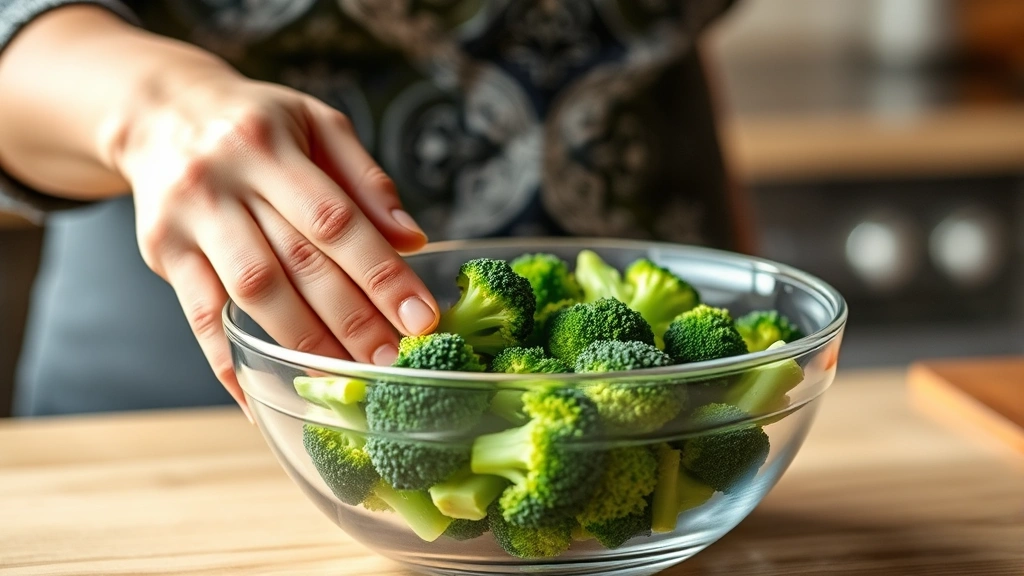 Parent's hand gently steaming tender baby broccoli florets in a glass bowl with steam rising, kitchen background blurred