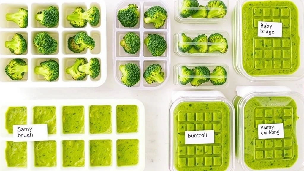 Colorful arrangement of cooked baby broccoli puree in ice cube trays and labeled freezer containers ready for storage