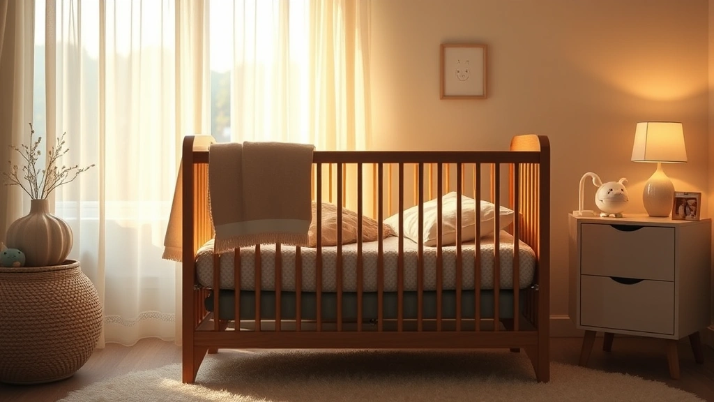 Peaceful nursery scene with soft lighting, comfortable crib with neutral bedding, and gentle natural sunlight coming through sheer curtains, creating a calm baby sleep environment