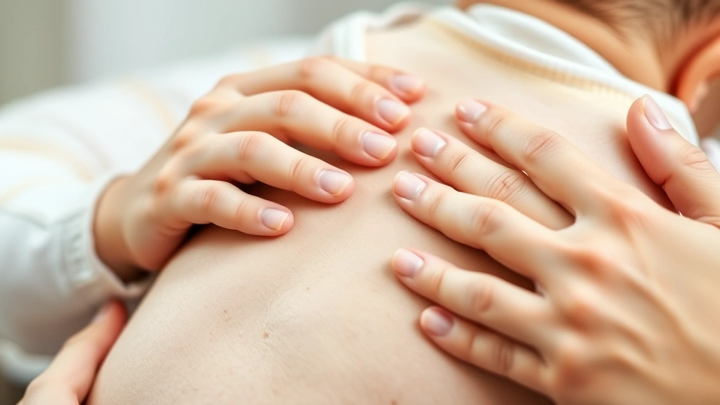 Close-up of parent's hands gently touching baby's back during soothing moment, showing tender caregiving and bonding during infant calming routine