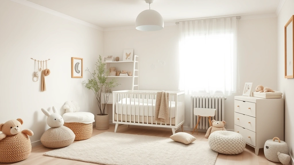 Modern minimalist nursery with thoughtfully arranged baby items, soft textures, and a serene atmosphere that promotes infant wellness and healthy development