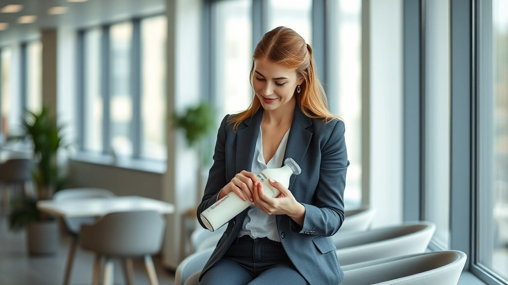 Mother in professional business attire pumping milk in a modern office break room, natural lighting through windows, peaceful and discreet setting