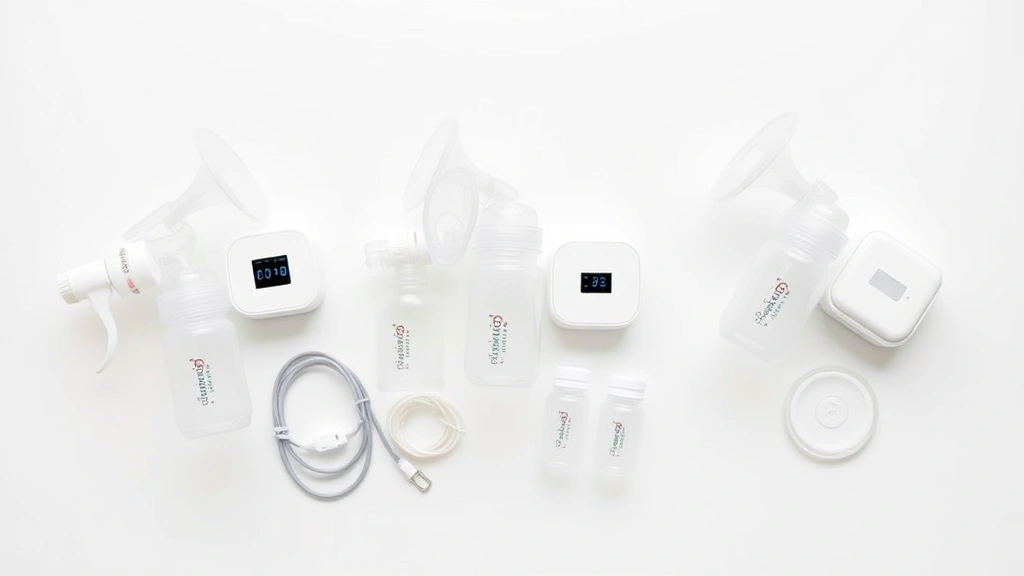 Comparison display of three different breast pump models arranged on a white surface with bottles and accessories, minimalist flat lay style