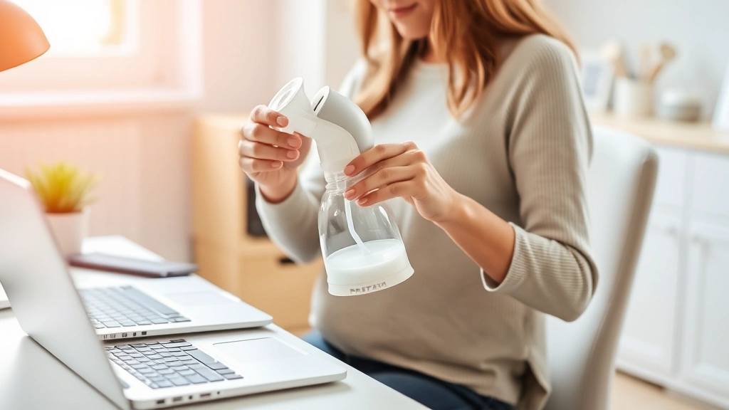 Parent holding a compact portable breast pump while working at a desk with laptop, natural home office environment with soft morning light