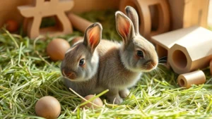 A young rabbit sitting in soft timothy hay, surrounded by wooden toys and cardboard enrichment items in natural daylight