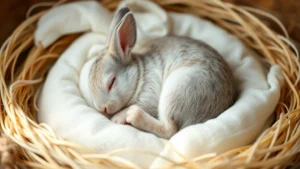 Newborn baby rabbit curled up on soft white bedding, eyes closed, in a cozy nest with natural lighting, peaceful and vulnerable