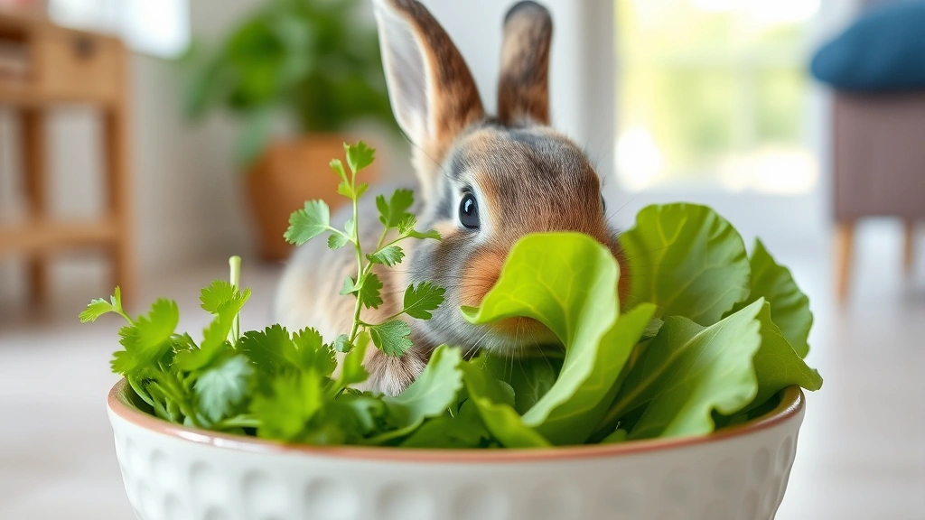 Baby rabbit eating fresh vegetables including cilantro and romaine lettuce from a ceramic bowl in a bright home setting