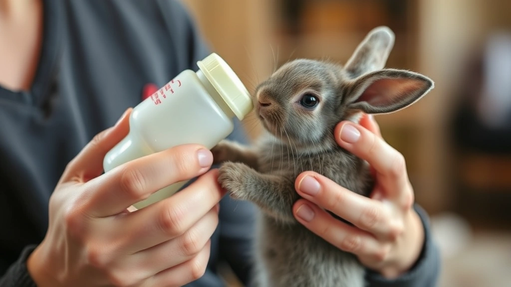 Person gently bottle-feeding a young gray rabbit kit, holding it upright with supportive hands, warm indoor setting with soft focus background