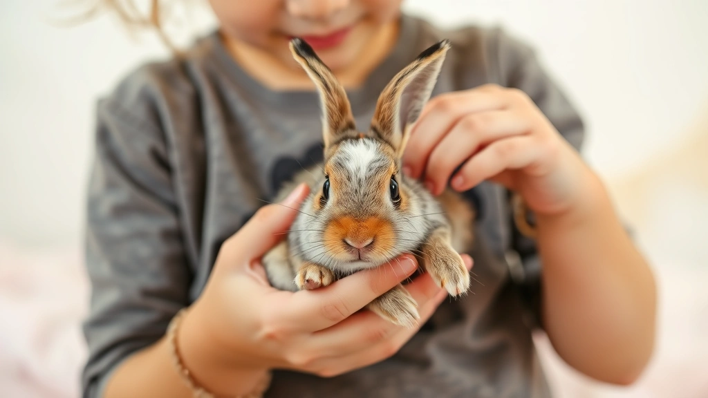 Child gently holding a small baby bunny with proper support, showing correct handling technique with soft background