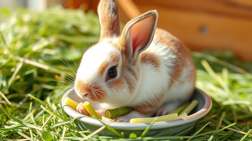 Weaned baby rabbit eating timothy hay and vegetables from a small dish, alert expression, bright natural daylight, healthy and developing