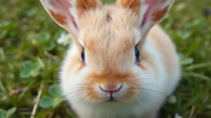 Close-up of a fluffy baby bunny's face with oversized ears perked up, soft fur texture visible, gentle expression, natural outdoor setting with grass and clover