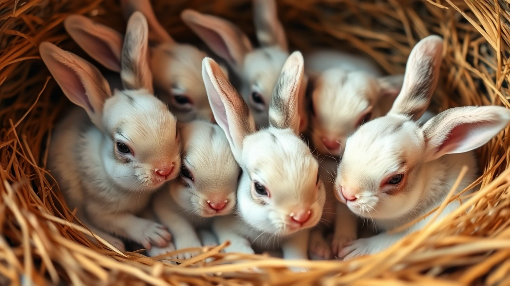 Group of newborn baby rabbits huddled together in a cozy nest, their tiny bodies and closed eyes showing vulnerability, warm natural lighting