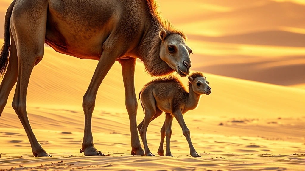 Mother camel standing protectively beside her young newborn calf in golden desert sand dunes during sunrise, warm natural lighting