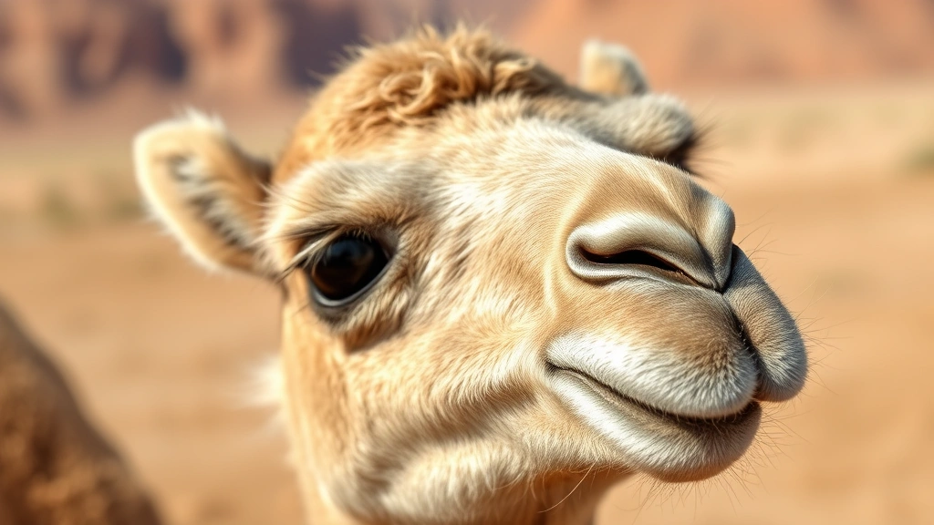 Close-up of baby camel's face with soft fur texture, showing open eyes and gentle expression in desert landscape background