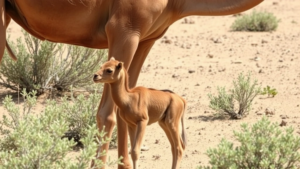 Young camel calf nursing from its mother in shade of sparse desert vegetation, showing maternal bonding and care in natural habitat